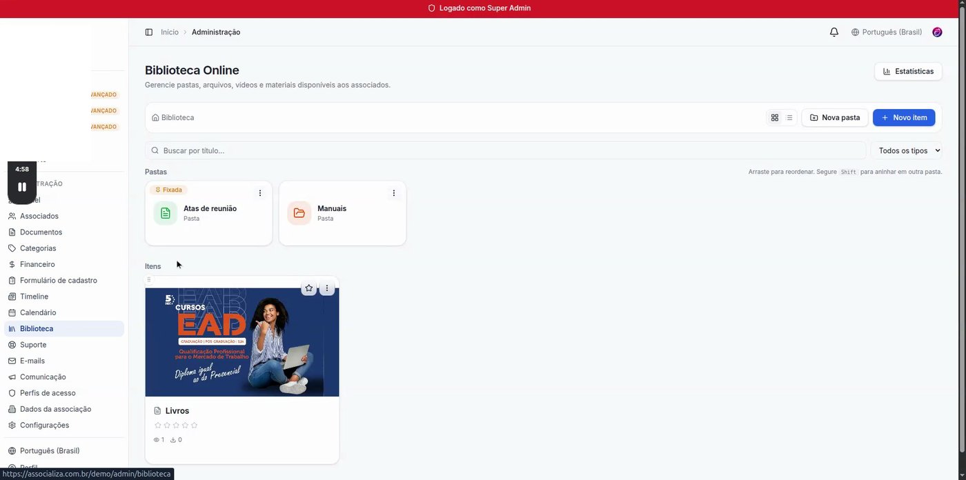 Painel administrativo da Biblioteca de Documentos na Softaliza mostrando pastas organizadas e itens disponíveis