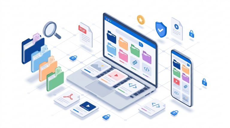 Ilustração de Biblioteca de Documentos para associações com pastas coloridas, app mobile, controle de acesso e organização