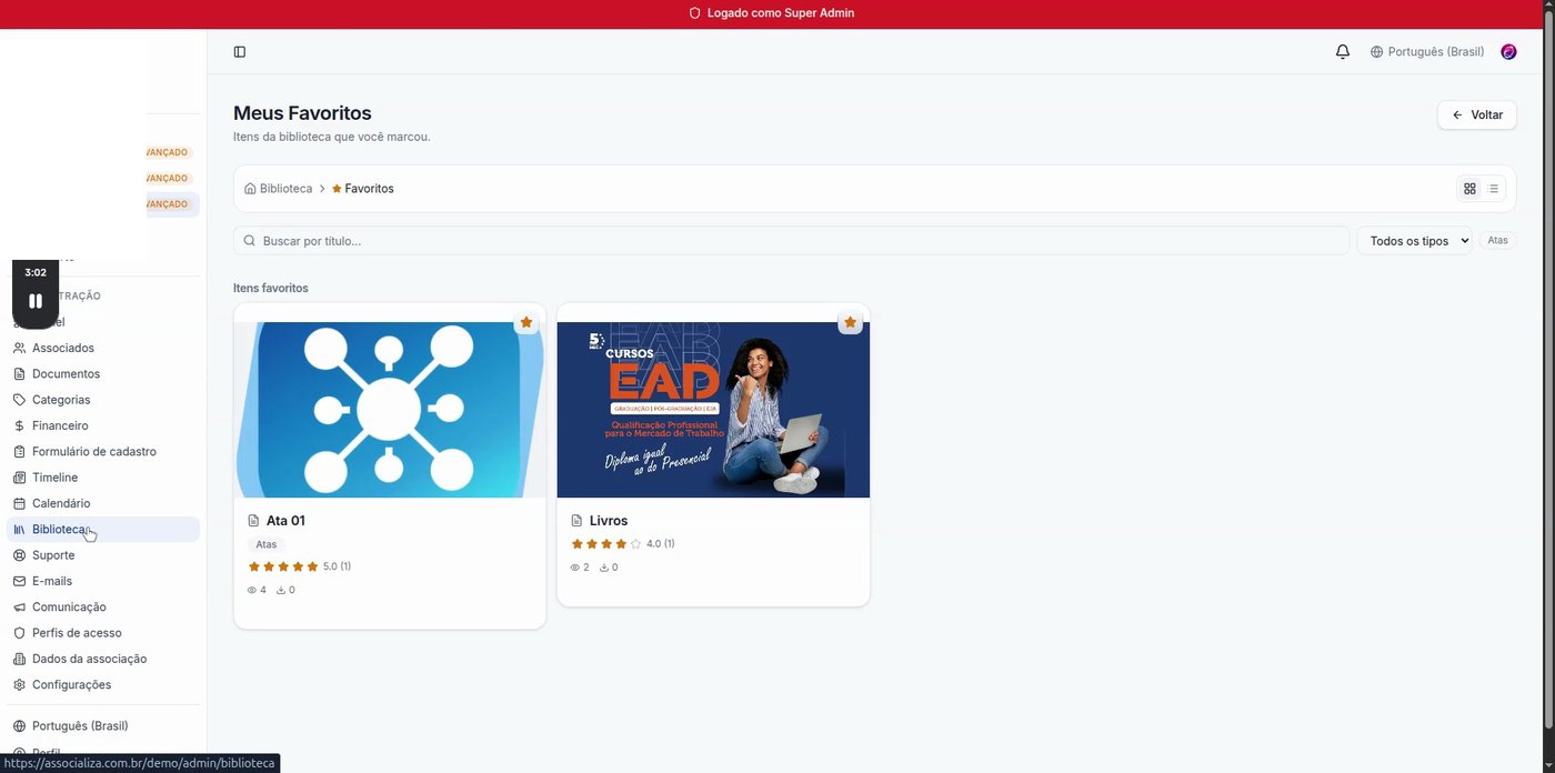 Página Meus Favoritos da Biblioteca com itens marcados pelo associado para acesso rápido