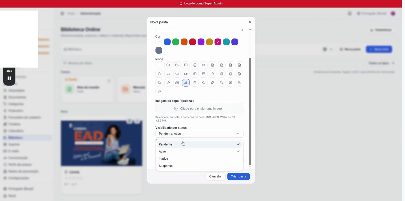 Modal de criação de nova pasta na biblioteca com opções de cor, ícone e controle de visibilidade