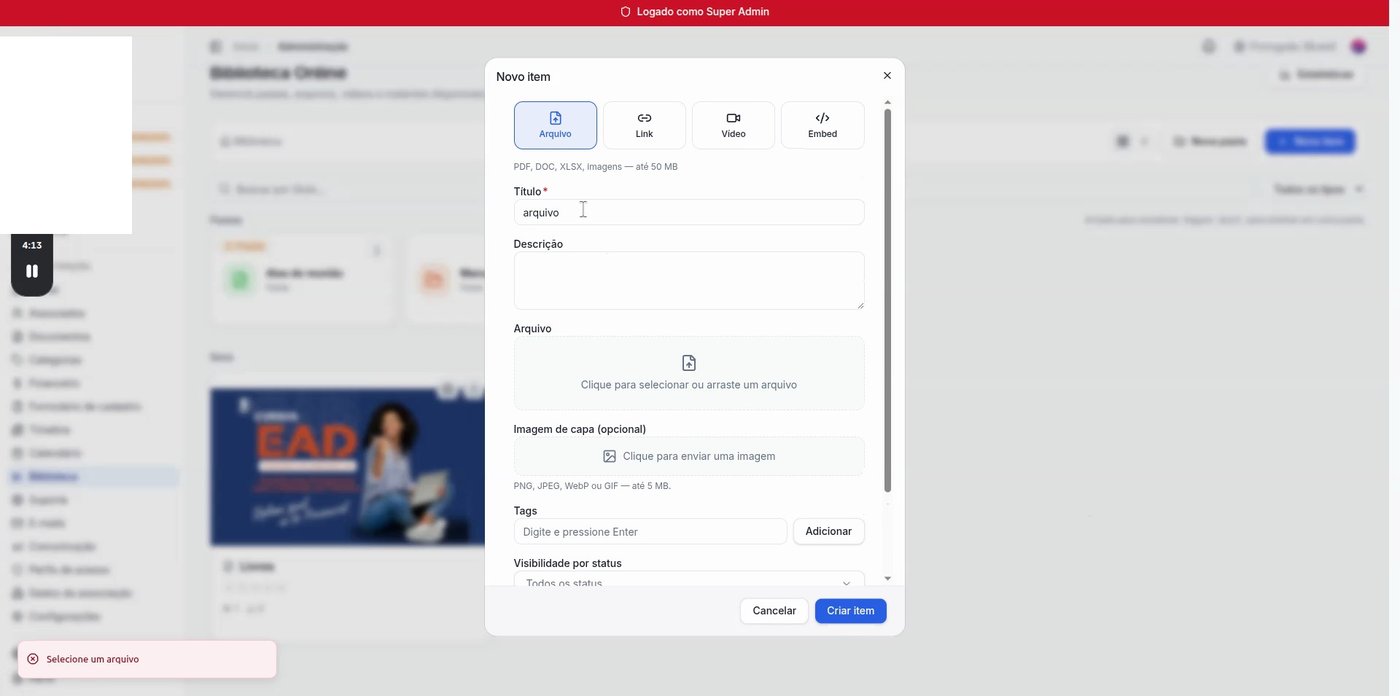 Modal de novo item na biblioteca com opções Arquivo, Link, Vídeo e Embed