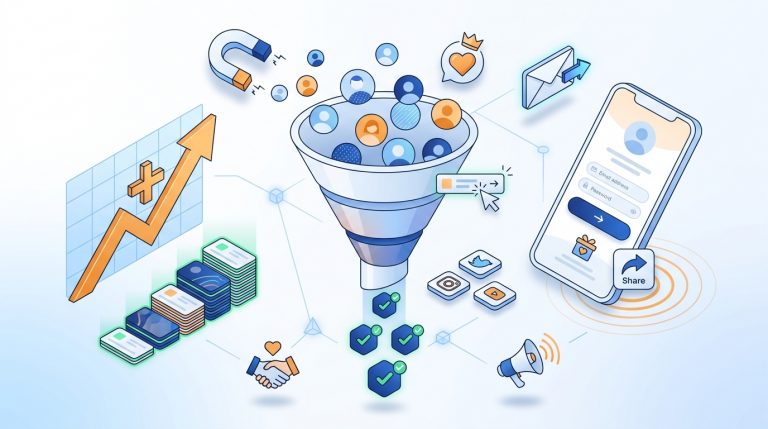 Ilustração de funil de conversão com estratégias de captação de novos sócios para associações: crescimento, indicação, redes sociais, parcerias e onboarding
