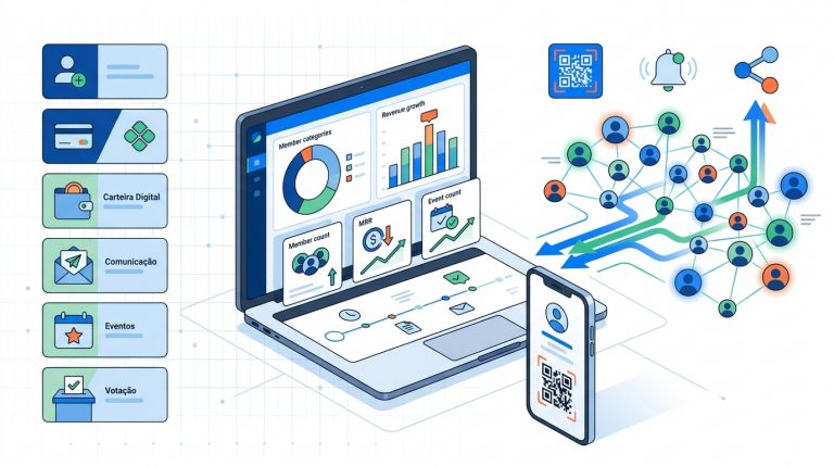 Ilustração de plataforma completa para gestão de associados com dashboard, cobrança, app mobile, eventos e votações online