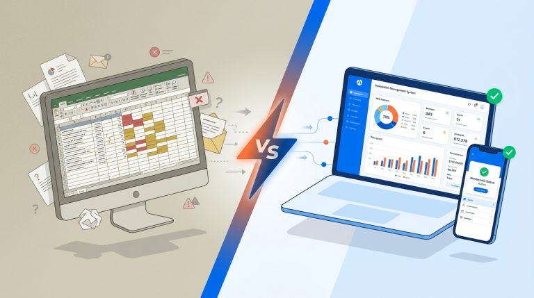 Comparação visual entre sistema de gestão para associação e planilha Excel, mostrando dashboard moderno vs planilha tradicional