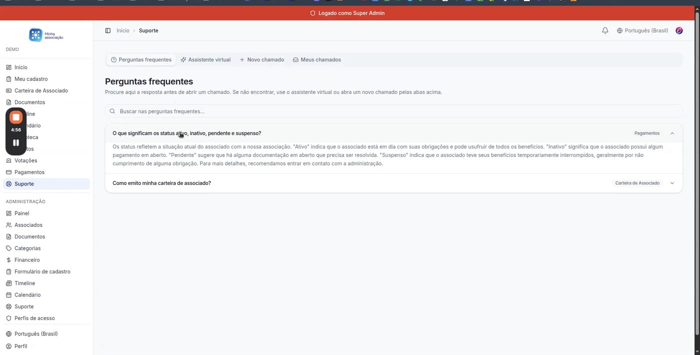 Tela de Perguntas Frequentes do módulo de Suporte da Softaliza, mostrando busca e perguntas categorizadas por tag como Pagamentos e Carteira de Associado