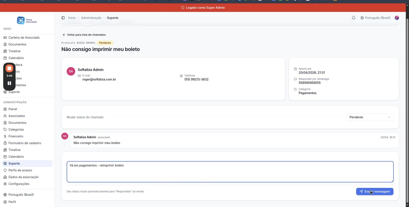 Tela do admin respondendo um chamado na Softaliza, com dados do associado, histórico da conversa tipo chat e campo Enviar mensagem