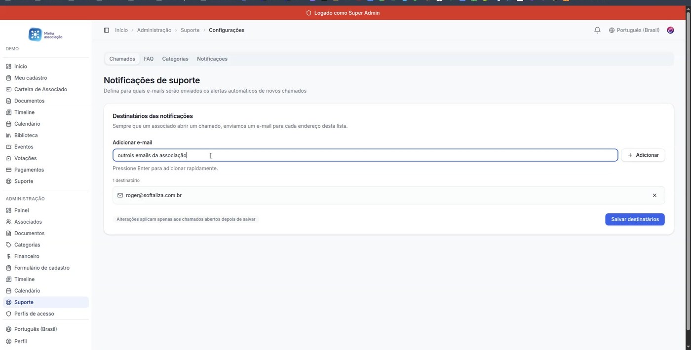 Configuração de destinatários das notificações de suporte da Softaliza, onde a associação define quais e-mails da equipe recebem alerta de novos chamados